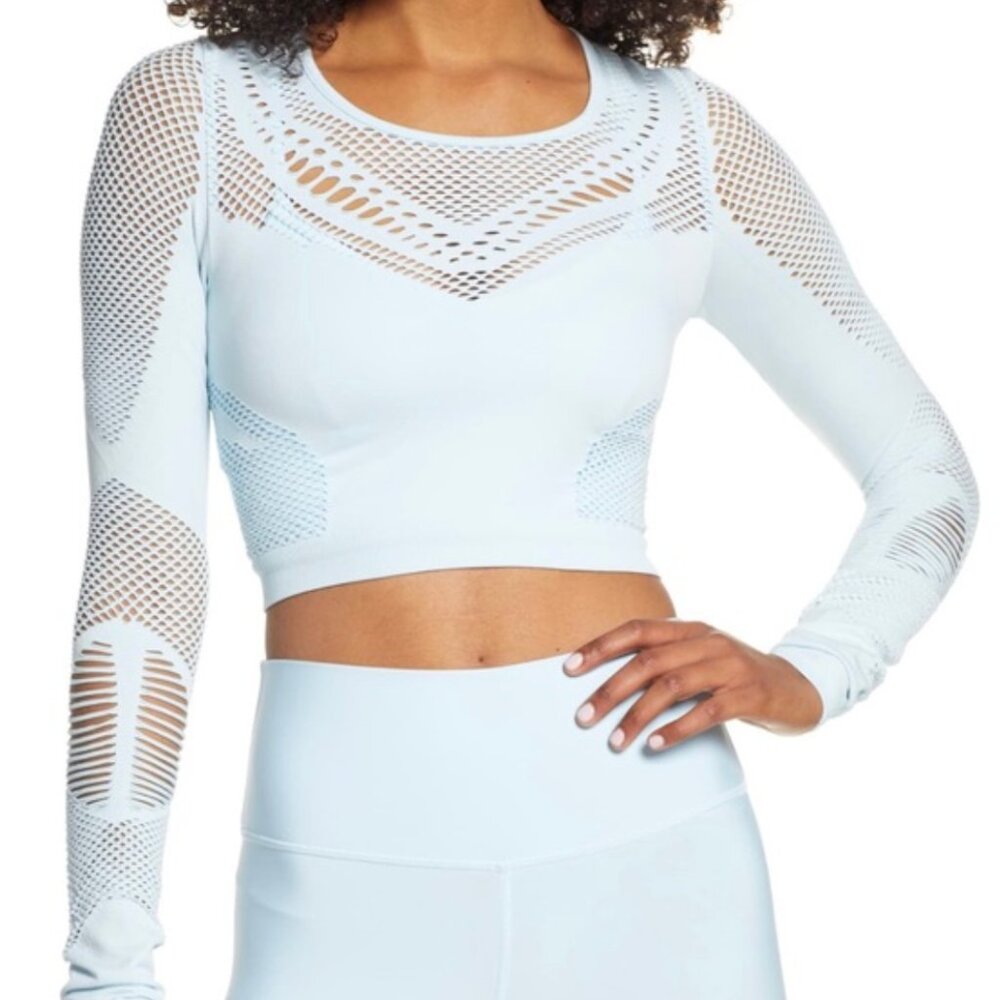NWT Alo Yoga Siren Long Sleeve Mesh Performance Crop Top Powder Blue Heather